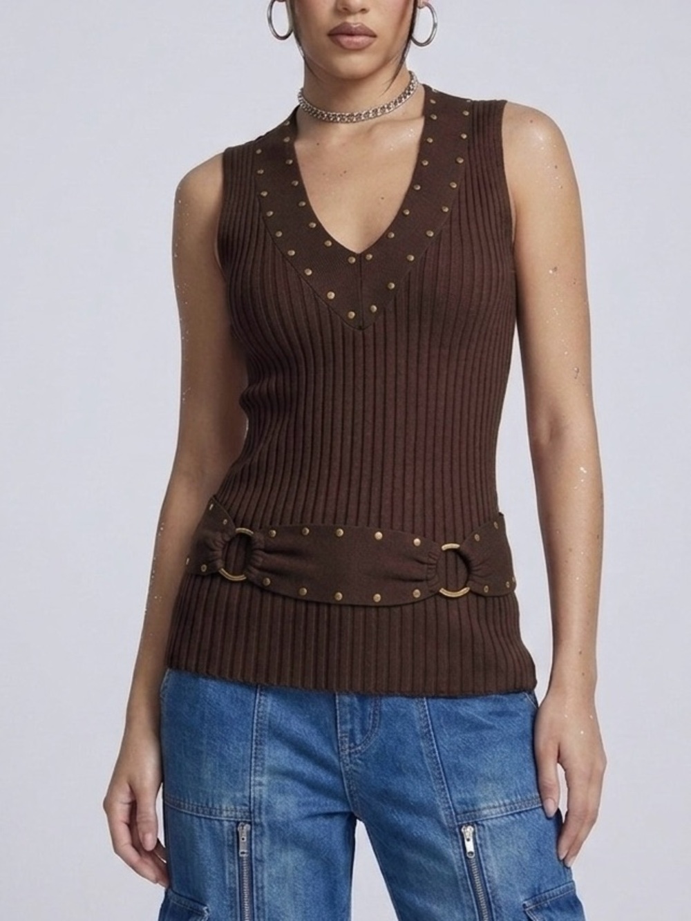 Tracy M Vintage Y2K Brown Ribbed Studded Belted V-Neck Tank Top - Large